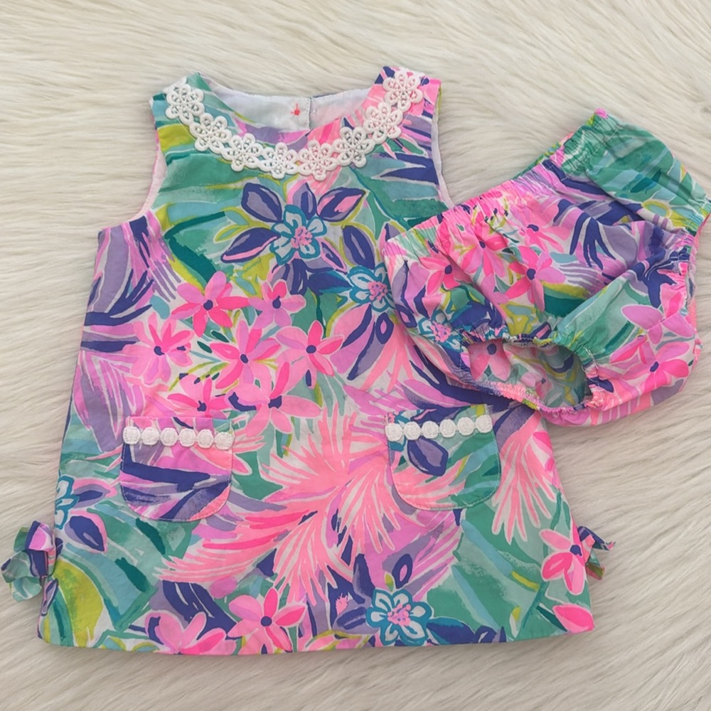 Lilly Pulitzer Infant Cotton Shift Dress & Bloomers Floral Multicolor 12-18 MO